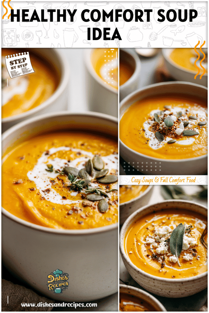 Healthy fall soup with creamy butternut squash served hot in a white ceramic bowl.