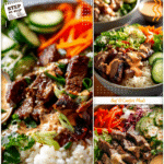 Healthy Korean BBQ Bowls with Tender Steak and Rice 5 Healthy Korean BBQ steak bowl with rice, fresh vegetables, and creamy spicy sauce.