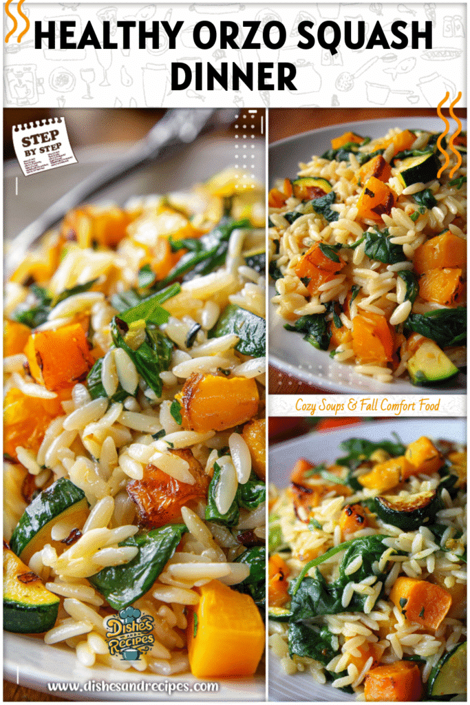 Home 36 Colorful plate of creamy orzo with roasted butternut squash, zucchini, and spinach