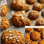 Healthy Pumpkin Oat Cookies Clean Eating Recipe 5 Golden brown pumpkin oat cookies arranged on a baking sheet with scattered oats