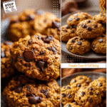 Freshly baked healthy pumpkin oatmeal cookies with chocolate chips on a rustic plate