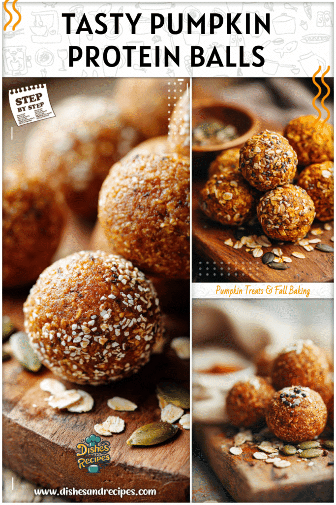 Close-up of healthy pumpkin protein balls rolled in oats and spices on a rustic wooden board.