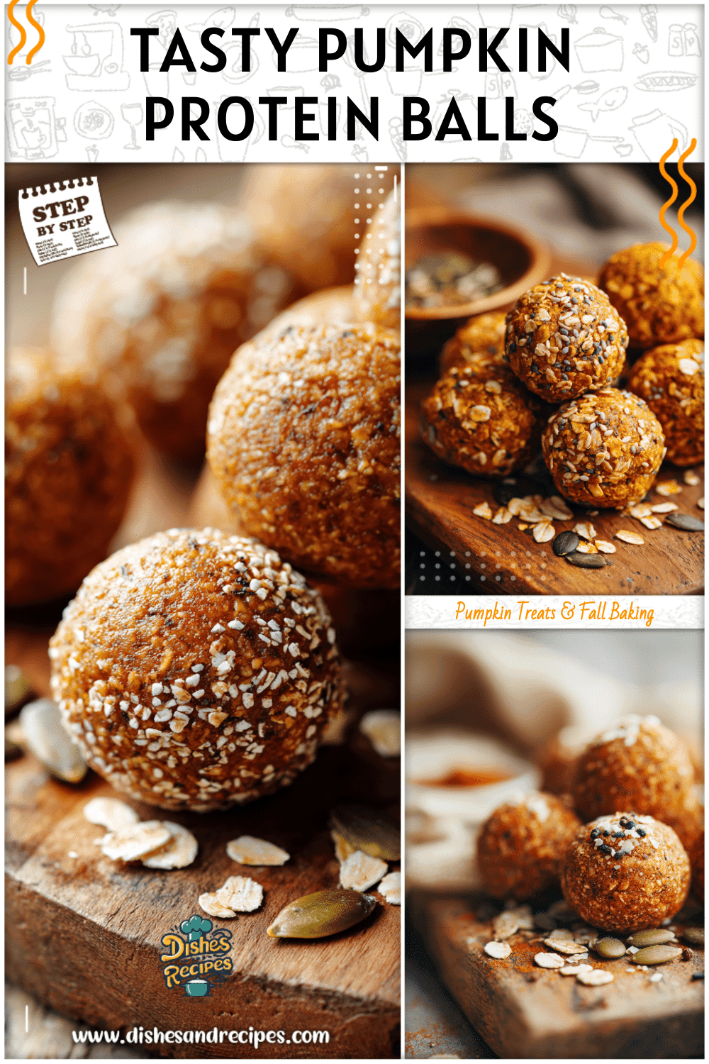 Close-up of healthy pumpkin protein balls rolled in oats and spices on a rustic wooden board.
