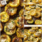 Healthy Roasted Yellow Squash Recipes With Parmesan 5 Healthy roasted yellow squash slices baked with parmesan on a rustic baking tray.