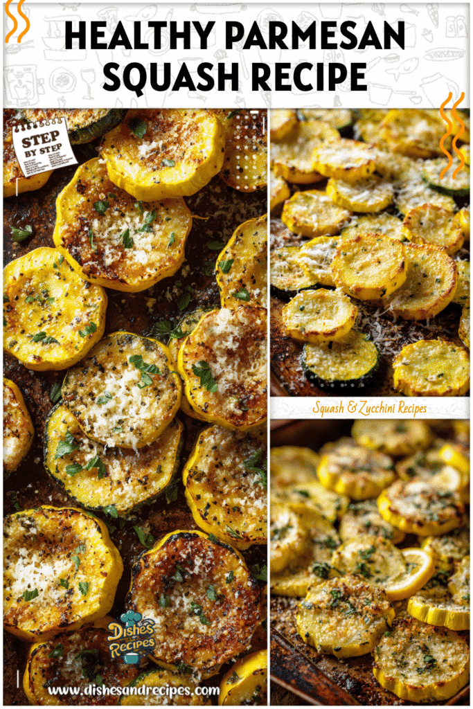 Home 34 Healthy roasted yellow squash slices baked with parmesan on a rustic baking tray.