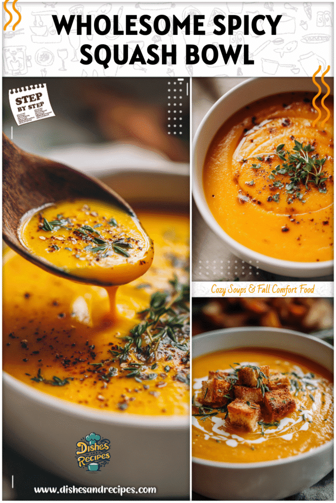 Home 33 Healthy squash soup with butternut squash and sweet potato in a white bowl topped with herbs