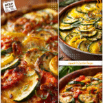 Healthy Summer Vegetable Casserole with Zucchini & Squash 5 Healthy summer vegetable casserole with zucchini and squash slices layered and baked in a rustic dish.