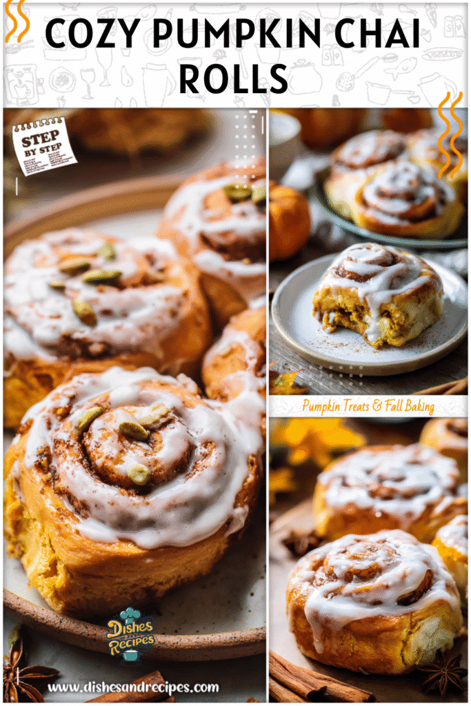 Home 15 Fluffy Homemade Pumpkin Chai Cinnamon Rolls topped with icing on a rustic fall table setting.