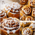 Homemade Pumpkin Chai Cinnamon Rolls with Glaze 5 Freshly baked Homemade Pumpkin Chai Cinnamon Rolls topped with creamy glaze on parchment paper.