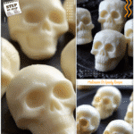 How to Make Mozzarella Cheese Skulls for Halloween Parties 5 Mozzarella cheese shaped into skulls on a dark platter with spooky entrees for Halloween dinner for adults