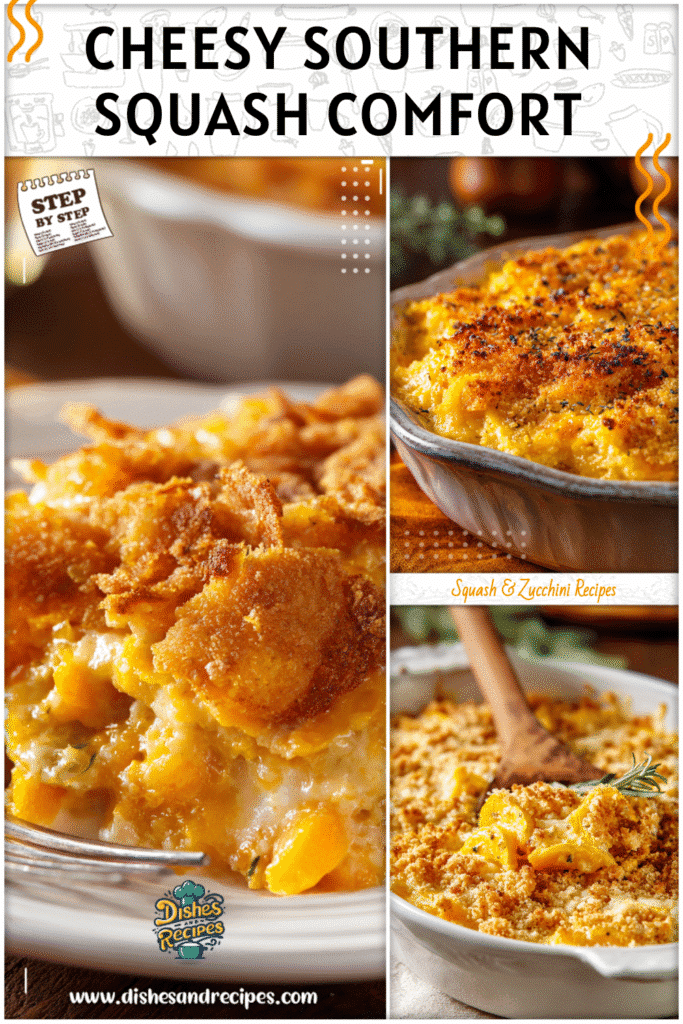 Golden baked cheesy squash casserole topped with crispy crust in a southern vegetables dish.