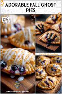 Home 8 Kid friendly ghost shaped vegan blueberry hand pies on a wooden board with lemon glaze