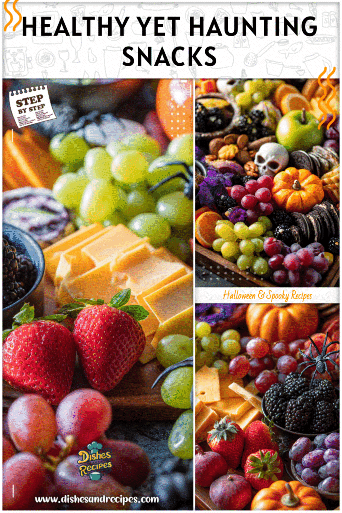 A colorful Halloween Healthy Charcuterie Board filled with fruits, veggies, and spooky accents.