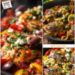 Mediterranean Chicken Skillet | Healthy Family Dinner Recipe 5 Golden chicken in a Mediterranean skillet with vegetables served as Easy Dinner Meals With Chicken.
