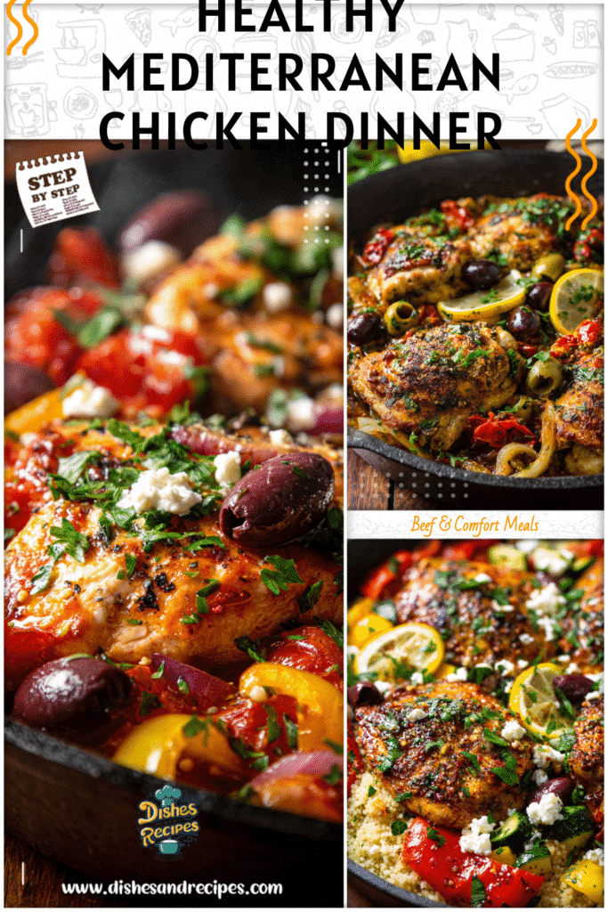Golden chicken in a Mediterranean skillet with vegetables served as Easy Dinner Meals With Chicken.