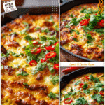 Mexican Squash Casserole with Summer Fresh Flavor 5 Baked Mexican squash casserole topped with melted cheese, fresh cilantro, and chili garnish in a skillet.