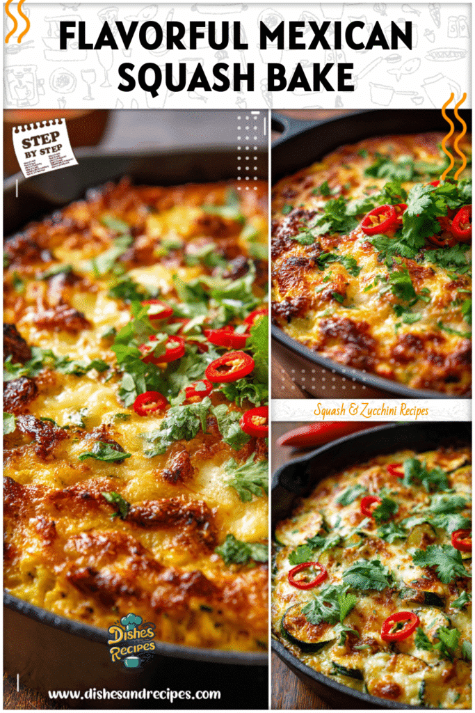 Baked Mexican squash casserole topped with melted cheese, fresh cilantro, and chili garnish in a skillet.