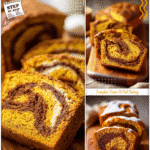 Mini Pumpkin Bread with Cinnamon Swirl Recipe 5 Mini pumpkin bread with a golden cinnamon swirl sliced on a wooden board for fall baking recipes.