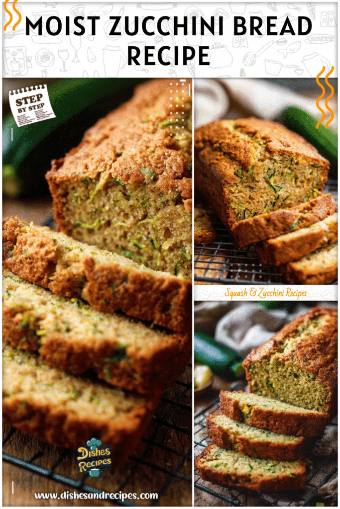 Moist zucchini squash bread loaf on a cooling rack with slices displayed