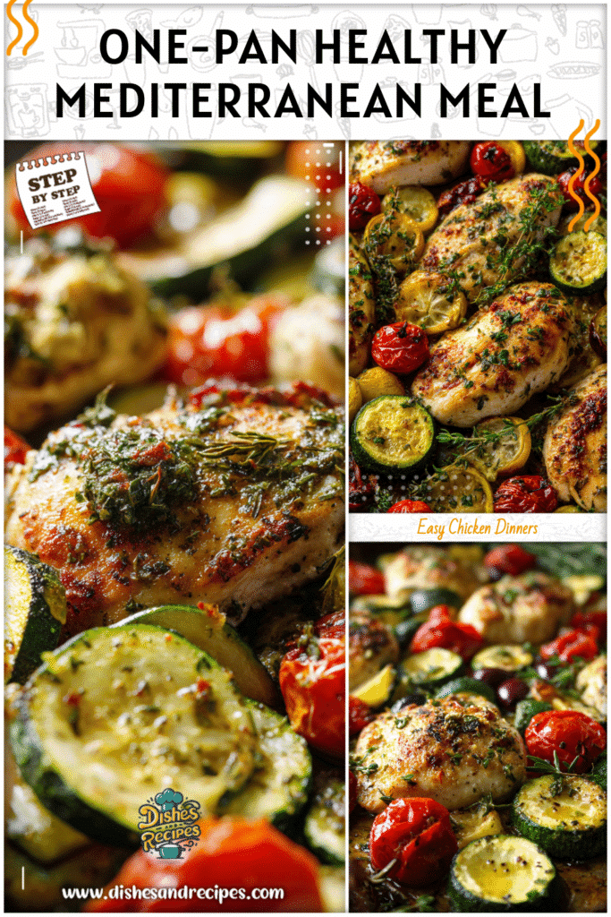 Home 34 Baked chicken with zucchini and Mediterranean herbs arranged on a sheet pan.
