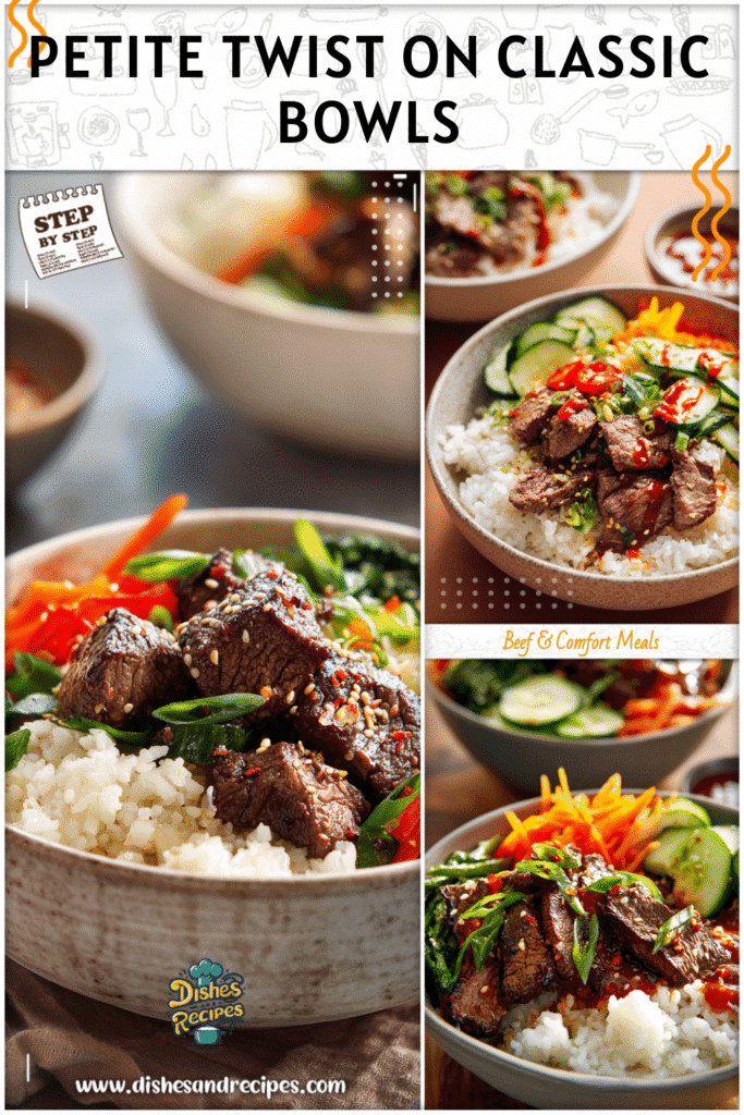 Home 30 Elegant petite cuisine style Korean steak and rice bowl garnished with fresh veggies and sauce.
