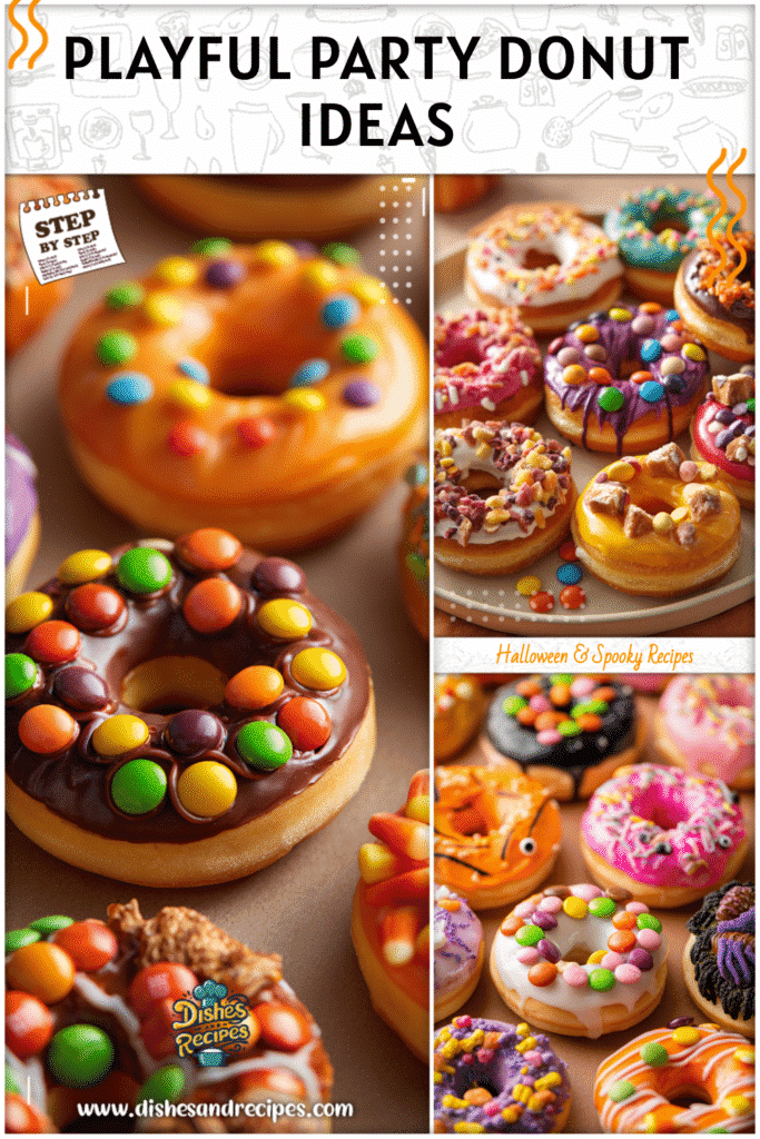 Donuts with colorful candy toppings styled for a festive Halloween and fall party food spread