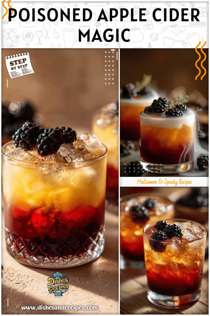 Two glasses of poisoned apple cider layered with blackberries as cool Halloween cocktails