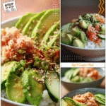 Poke Bowl Recipe Easy: California Roll at Home 5 A poke-inspired California roll bowl layered with rice, crab, cucumber, and sliced avocado topped with sesame seeds.
