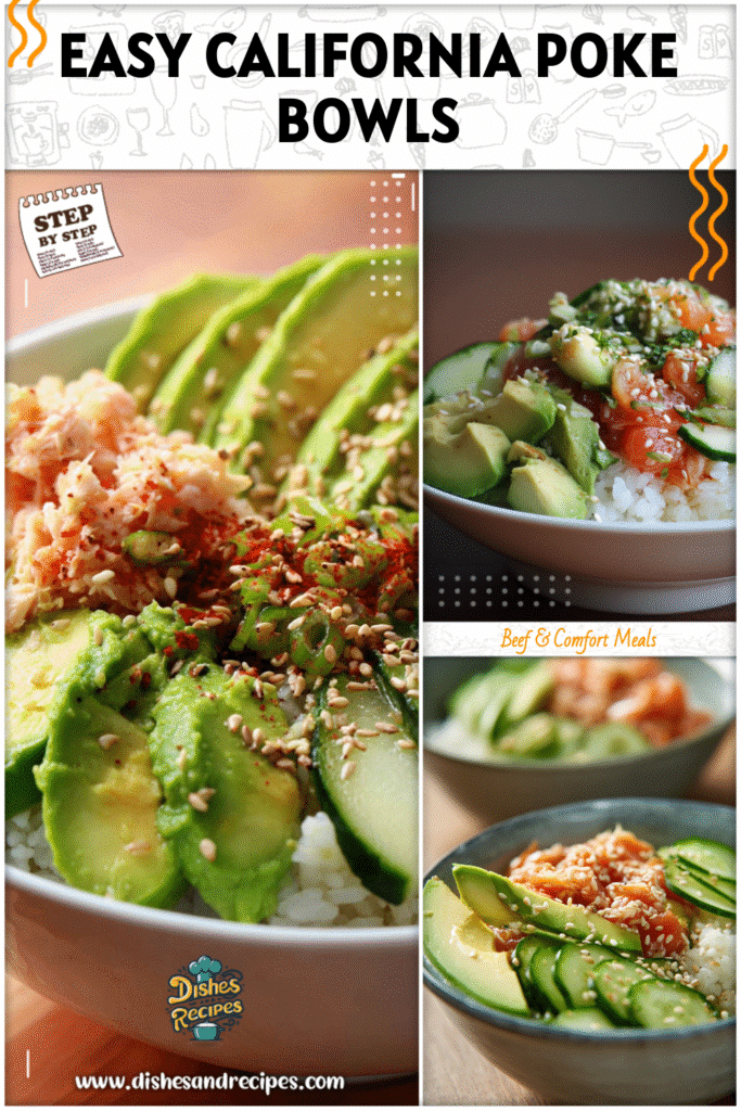 Home 17 A poke-inspired California roll bowl layered with rice, crab, cucumber, and sliced avocado topped with sesame seeds.