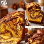 Pumpkin Dessert Bread Swirled with Spiced Cinnamon 5 A rich pumpkin dessert bread with visible cinnamon swirl slices shown on a fall table setting.