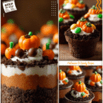 Pumpkin patch Halloween dirt cups decorated with candy pumpkins for a spooky fall treat in a cup.