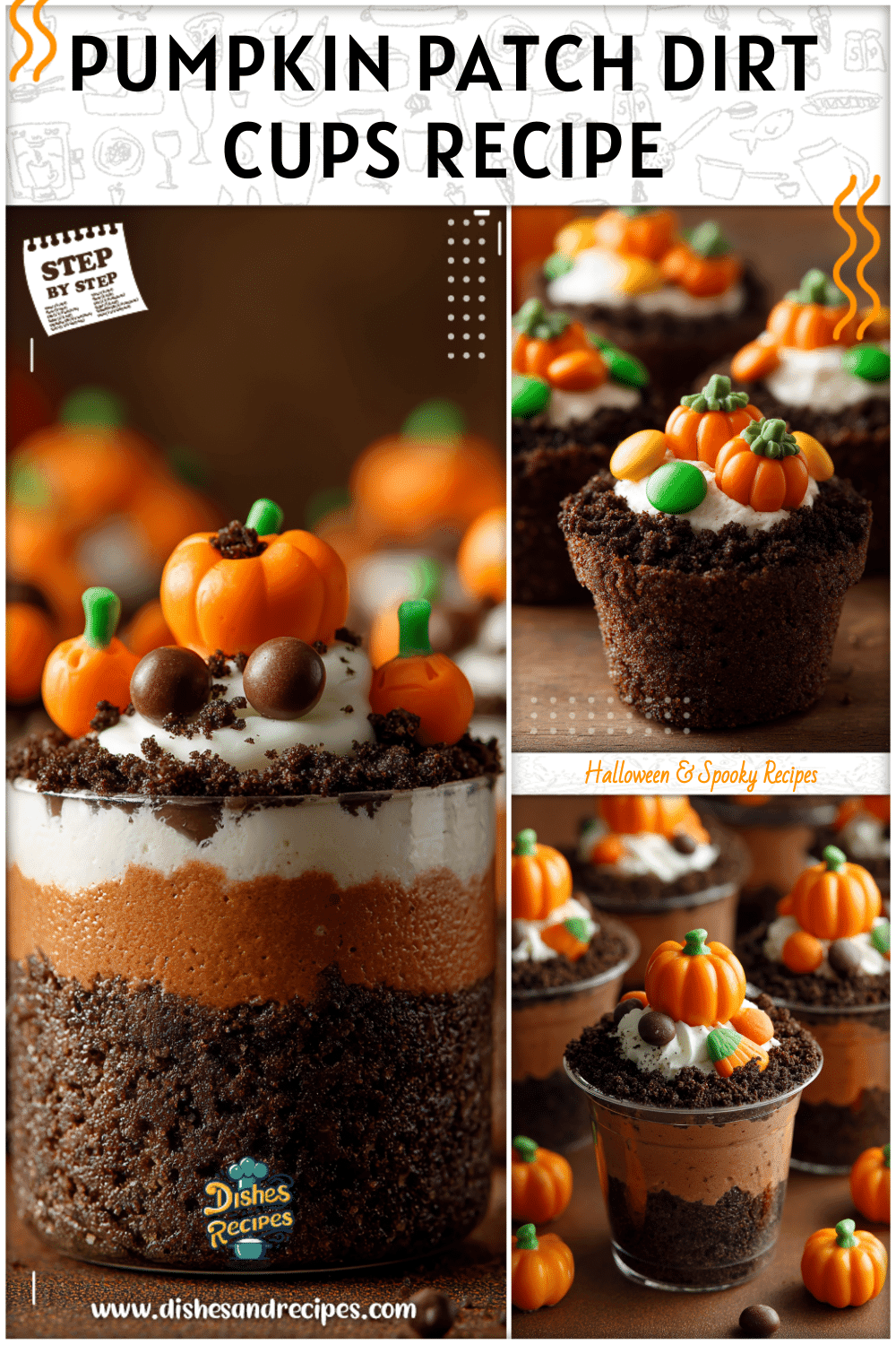 Pumpkin patch Halloween dirt cups decorated with candy pumpkins for a spooky fall treat in a cup.