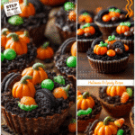 Halloween pumpkin patch dirt cups decorated with cookies and gummy worms for spooky fall treats.