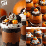 Pumpkin Patch Dirt Cups: Spooky Halloween Dirt Dessert For Kids 5 Pumpkin patch themed Halloween dirt cups with candy pumpkins and crushed cookies as spooky treats for kids.