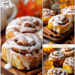 Pumpkin Spice Cinnamon Rolls That Taste Like Fall 5 Iced Pumpkin Spice Cinnamon Rolls served on a wooden board beside autumn leaves and cinnamon sticks.
