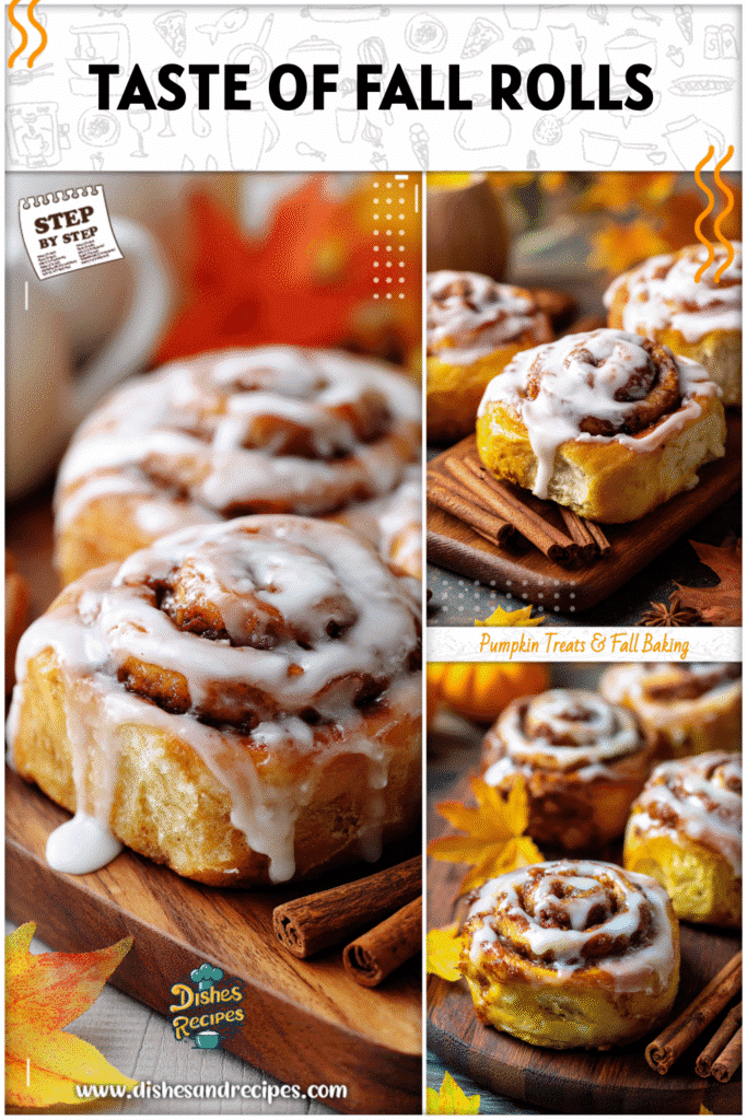 Iced Pumpkin Spice Cinnamon Rolls served on a wooden board beside autumn leaves and cinnamon sticks.