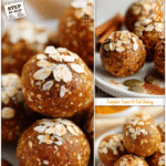 Pumpkin Spice High Protein Oat Balls Snack 5 Pumpkin spice protein oat balls topped with oats and cinnamon on a white plate.