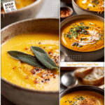 Pumpkin & Squash Soup With Spicy Sweet Potato 5 Pumpkin and squash soup with spicy sweet potato served hot in a ceramic bowl