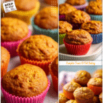 Pumpkin Toddler Muffins With Yogurt 5 Small pumpkin toddler muffins with yogurt arranged in colorful cupcake liners on a tray.