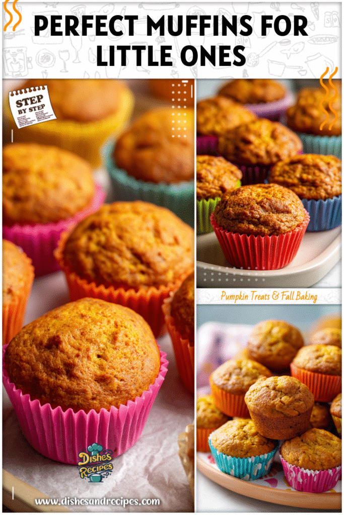 Home 26 Small pumpkin toddler muffins with yogurt arranged in colorful cupcake liners on a tray.