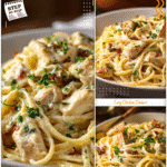 Quick Chicken Pasta | Good Easy Dinners in 30 Minutes 5 Serving of creamy chicken pasta in a white bowl garnished with fresh herbs, ideal for Good College Meals.
