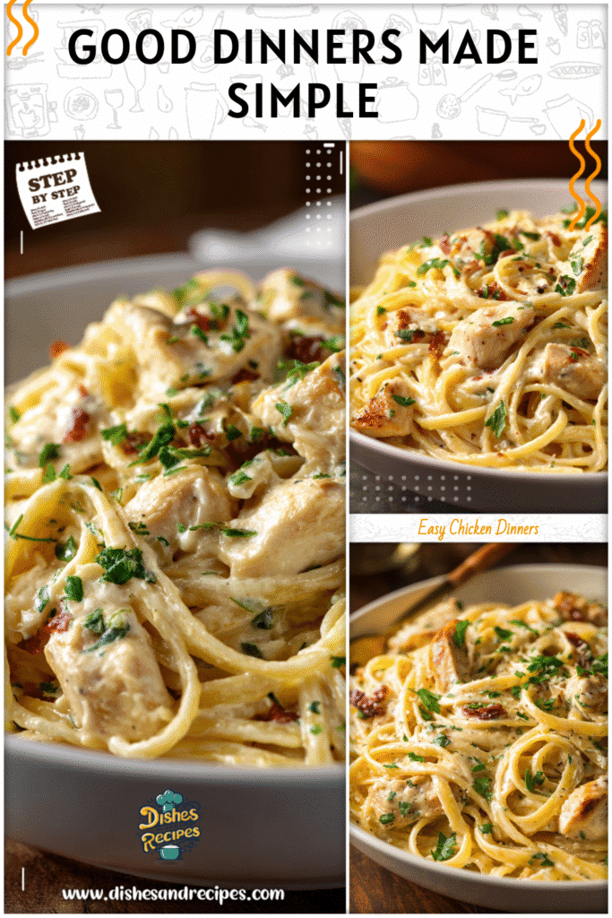 Home 30 Serving of creamy chicken pasta in a white bowl garnished with fresh herbs, ideal for Good College Meals.