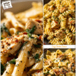 Quick Garlic Parmesan Chicken Pasta for Meal Prep 5 Closeup of garlic parmesan chicken pasta portioned into meal prep bowls for the week