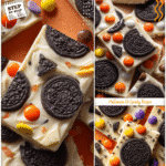 White chocolate Oreo bark with candy accents displayed for Halloween Food Day Ideas.