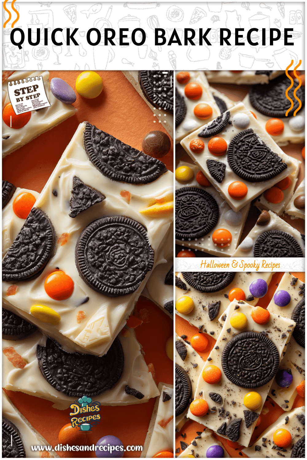 White chocolate Oreo bark with candy accents displayed for Halloween Food Day Ideas.