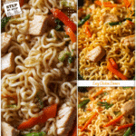 Quick Meals With Roman Noodles & Chicken 5 Close-up of roman noodles mixed with chicken chunks and bright stir-fried veggies