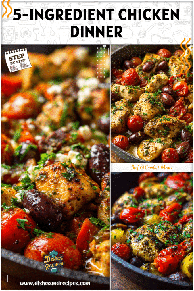 Home 34 Mediterranean chicken skillet styled for Easy Dinner Recipes 5 Ingredients with fresh herbs and tomatoes.
