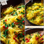 Quick Sauteed Spaghetti Squash With Fresh Toppings 5 Golden sauteed spaghetti squash strands with garlic, olive oil, and parsley in a skillet