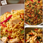 Quick Weeknight Meals: Chicken & Ramen Noodles with Chili Flavor 5 Plate of chicken ramen noodles with chili sauce and vegetables arranged beautifully.