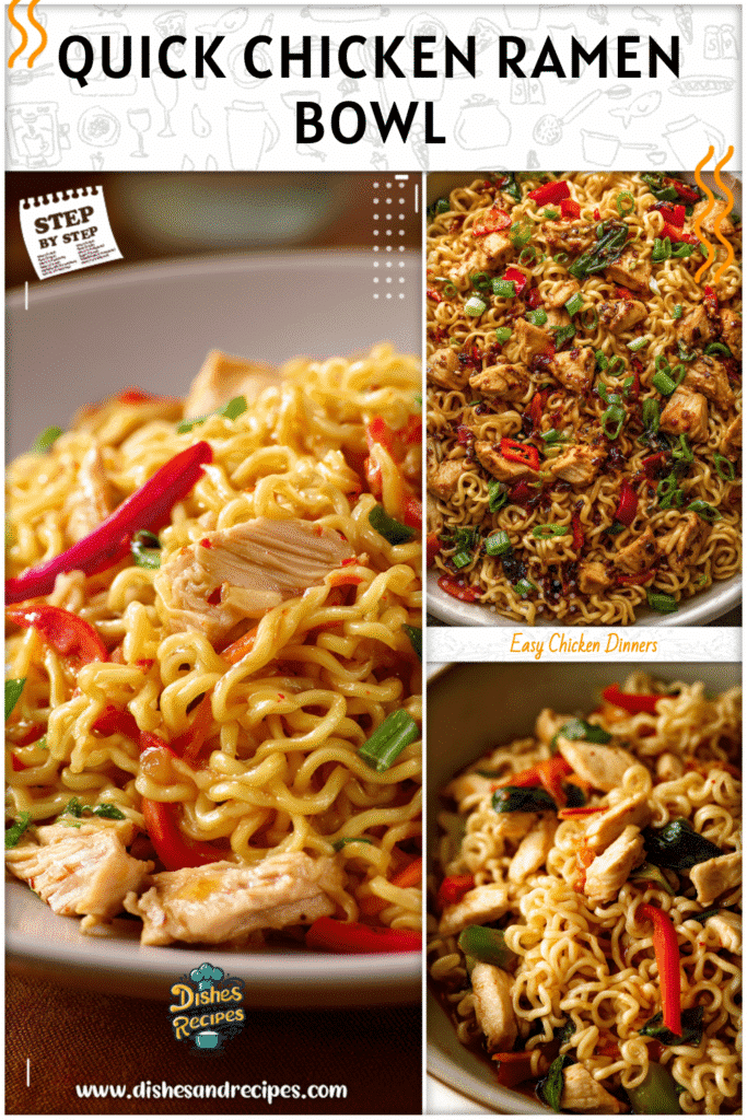 Home 34 Plate of chicken ramen noodles with chili sauce and vegetables arranged beautifully.